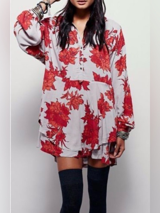 Free People Dresses & Skirts - Free People - Shake It Colorful Floral Long Sleeve Half Button Mini Dress Medium